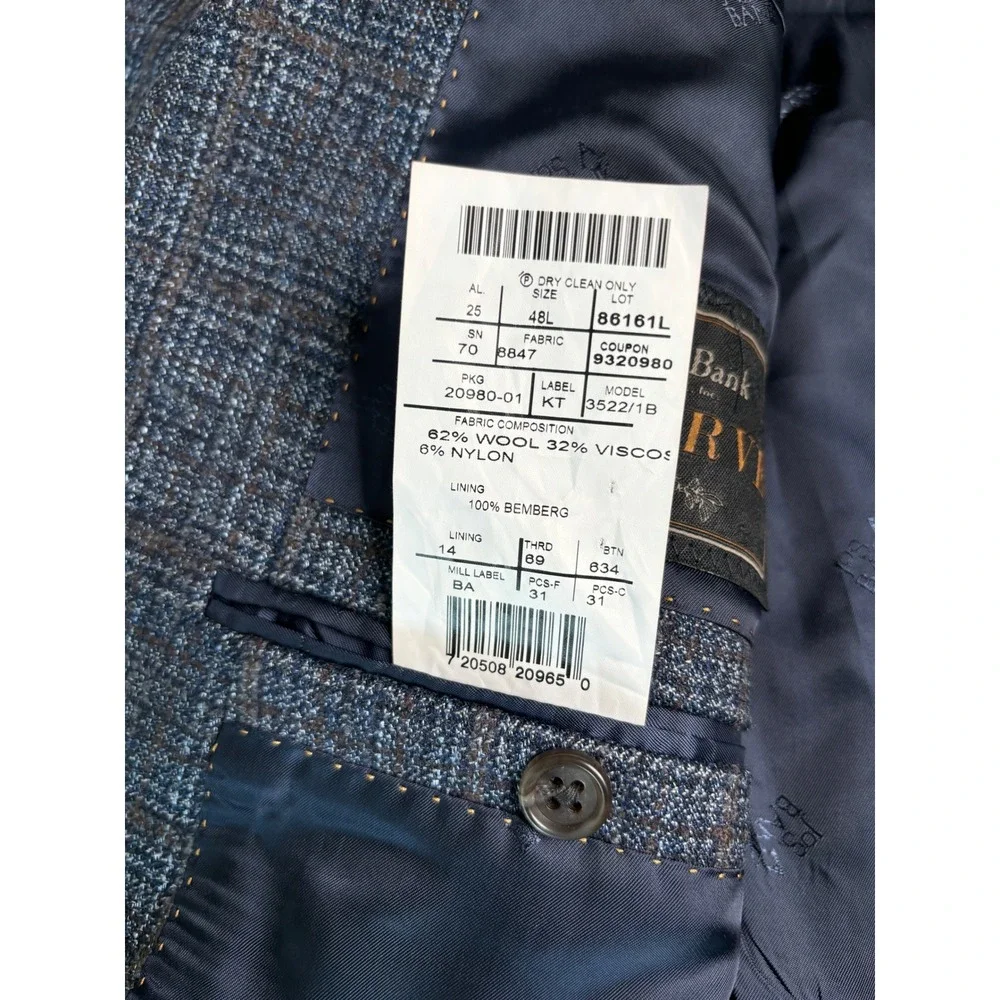Jos A Bank Reserve Blazer 48L Blue Brown Plaid Wool Made in USA Italian Fabric - Picture 9 of 14